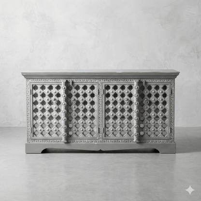Solid Mango Wood Four Doors Artistic Sideboard. This Sideboard Hand Crafted doors and Front Panel Looks So Antique. 