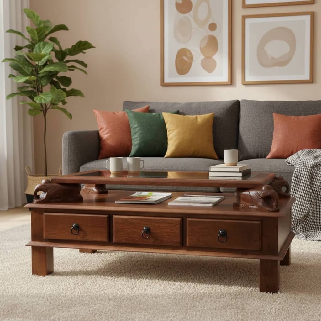 A rectangular brown Asgil coffee table made of mango wood with three drawers and carved elephant details on the sides.