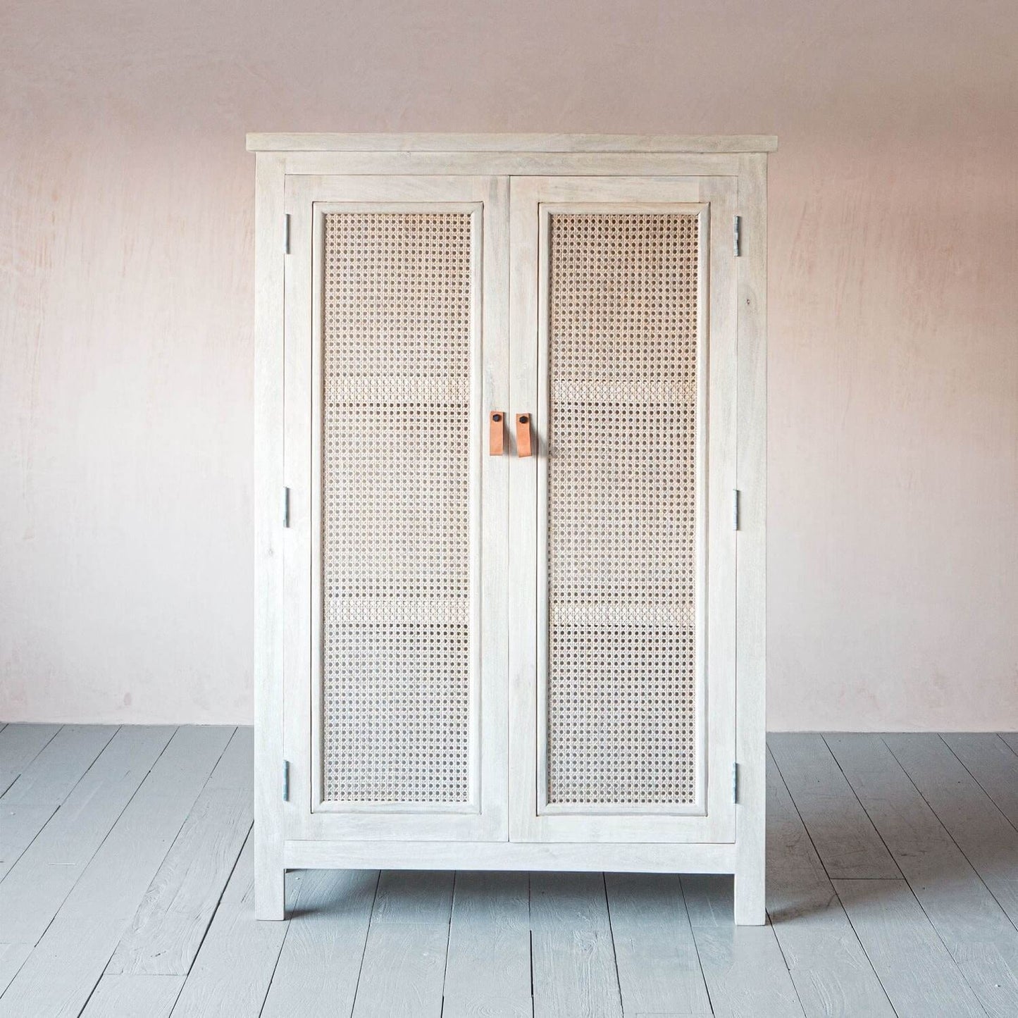 Two rattan door Atlanta almira made in solid mango wood in white wash finish. 