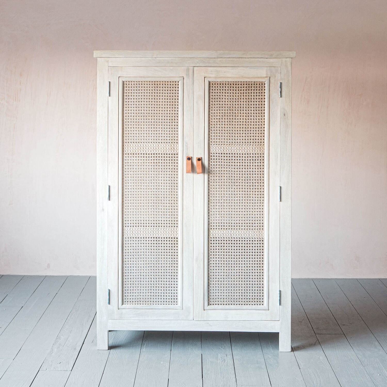 Two rattan door Atlanta almira made in solid mango wood in white wash finish. 