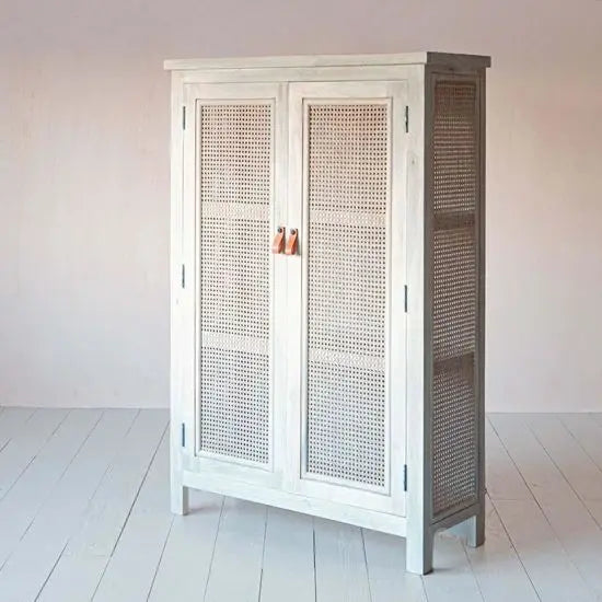 Two rattan door Atlanta almira made in Mango wood in white wash finish. 