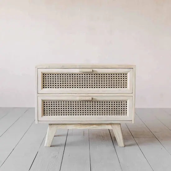 Solid Mango Wood and Natural Cane Two Drawer Melaka Bedside. 