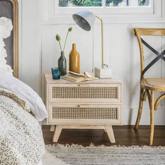 Solid Wood and Natural Cane Two Drawer Melaka Bedside. 