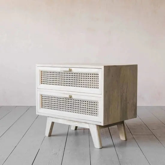 Wooden and Natural Cane Two Drawer Melaka Bedside. 