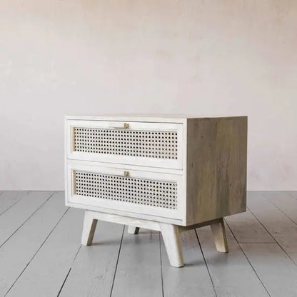Wooden and Natural Cane Two Drawer Melaka Bedside. 