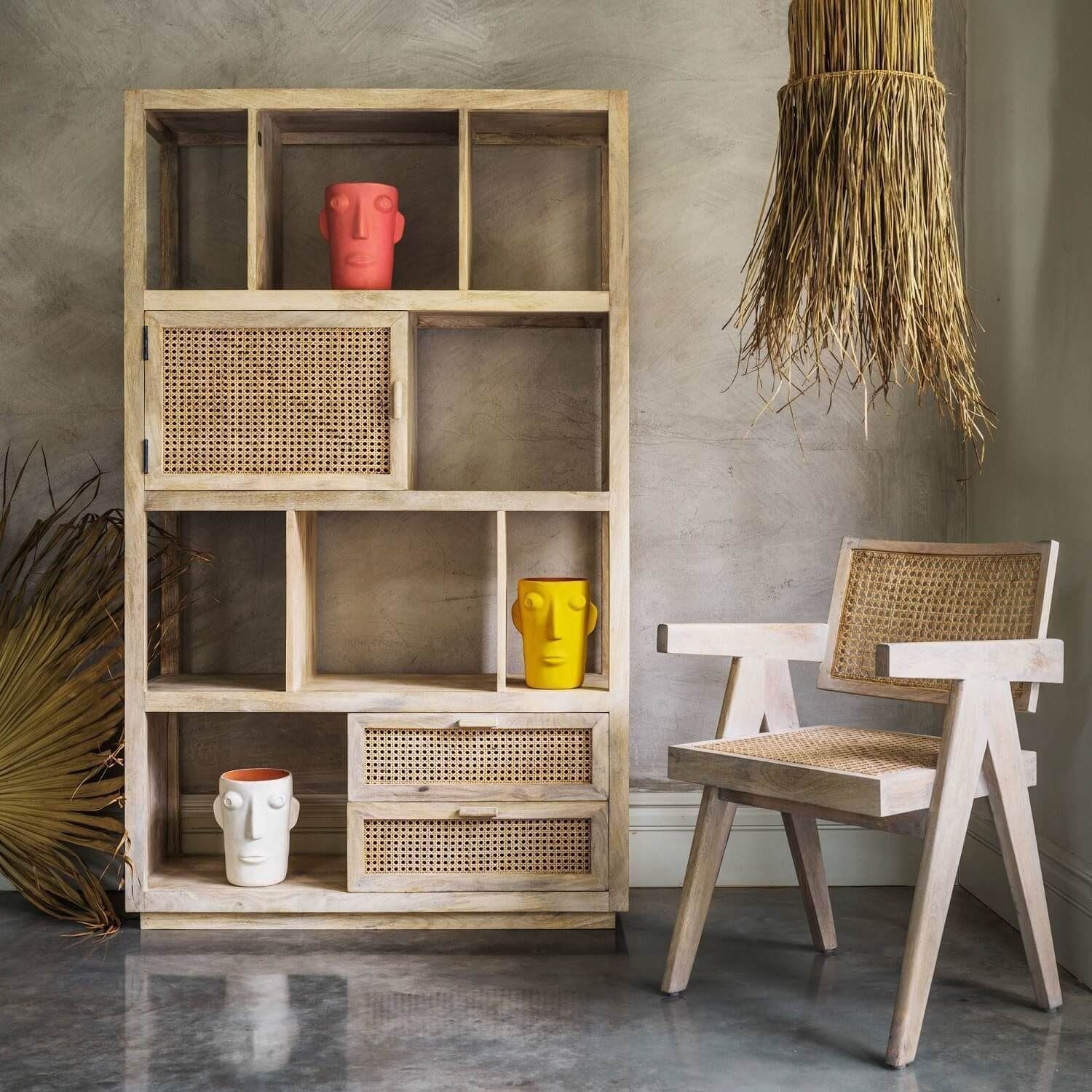 One Door and Two Drawer Atlanta Bookcase Made in Solid Mango Wood and Natural Cane. 