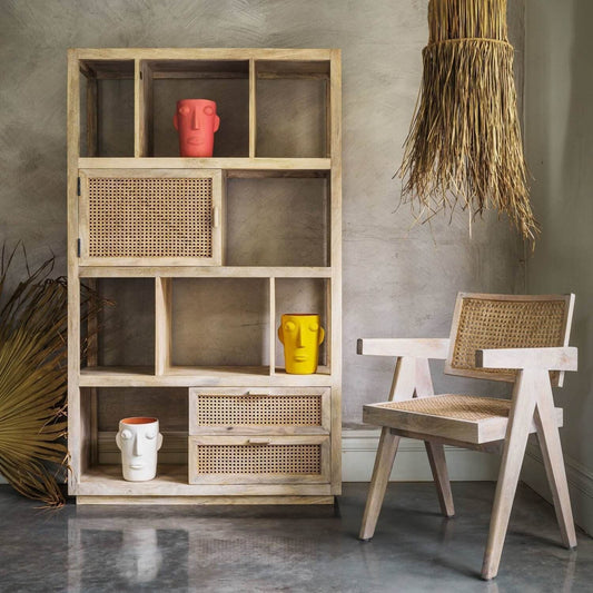 One Door and Two Drawer Atlanta Bookcase Made in Solid Mango Wood and Natural Cane. 
