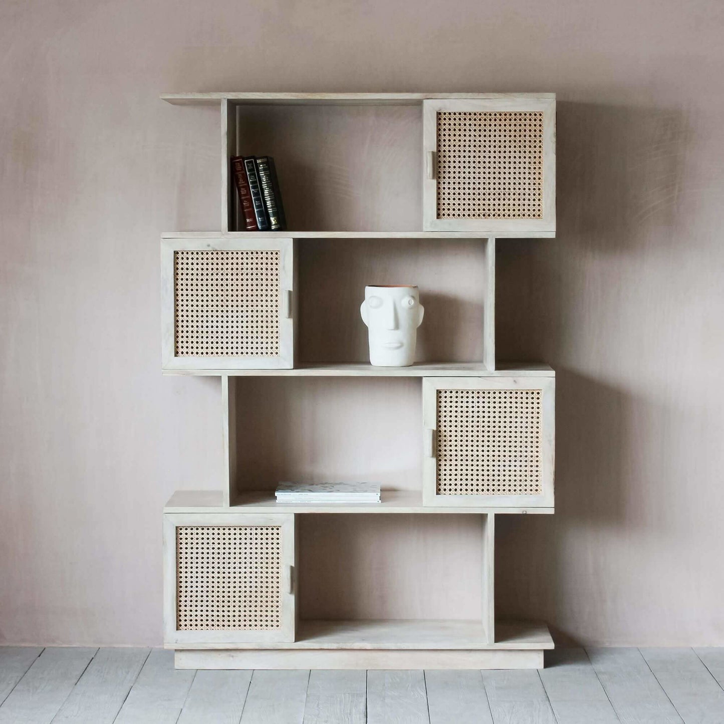 Solid Wood and Natural Cane Four Shelf and Four Door Zig Zag Design Atlanta Bookshelf. 