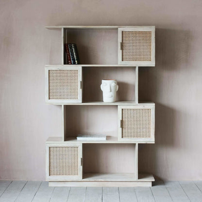 Solid Wood and Natural Cane Four Shelf and Four Door Zig Zag Design Atlanta Bookshelf. 