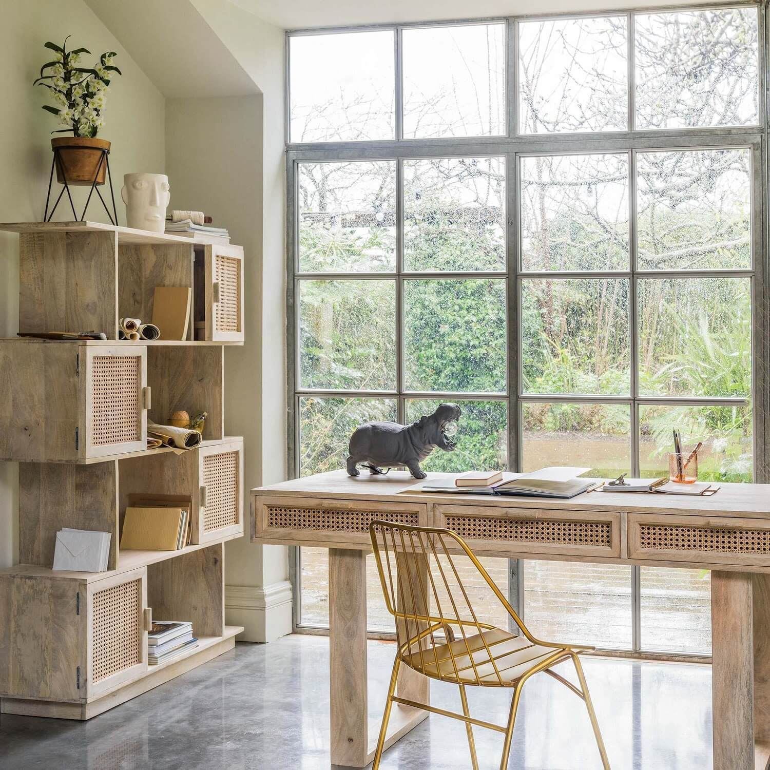 Four Shelf and Four Door Zig Zag Design Atlanta Bookshelf Made in Solid Mango Wood and Also use Doors Fronts Natural Cane.
