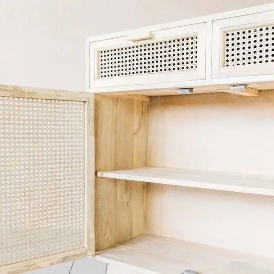 Solid mango wood Two rattan door and two rattan drawer Atlanta buffet. 