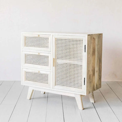 One door and Three drawer Atlanta Cabinet Made in Solid mango wood and Natural rattan. 