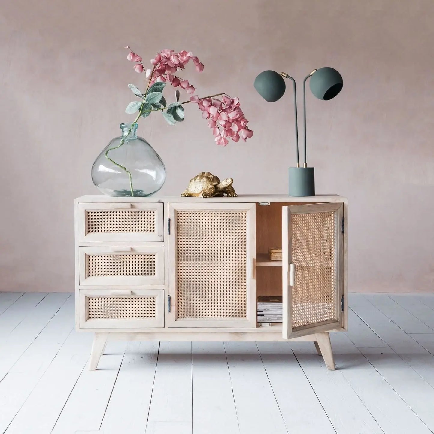 Wooden cabinet with Two rattan doors and Three rattan drawers Atlanta crockery cabinet. 