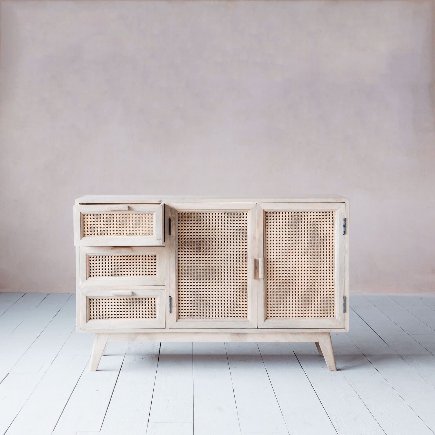Mango wood Two rattan doors and Three rattan drawers Atlanta crockery cabinet. 