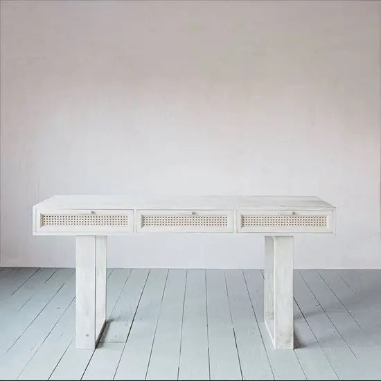 Solid Mango Wood and Natural Cane Three Drawer Atlanta Desk. 