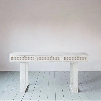 Solid Mango Wood and Natural Cane Three Drawer Atlanta Desk. 