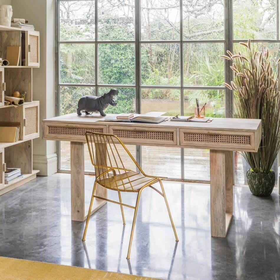 Solid Wood and Natural Cane Three Drawer Atlanta Desk. 