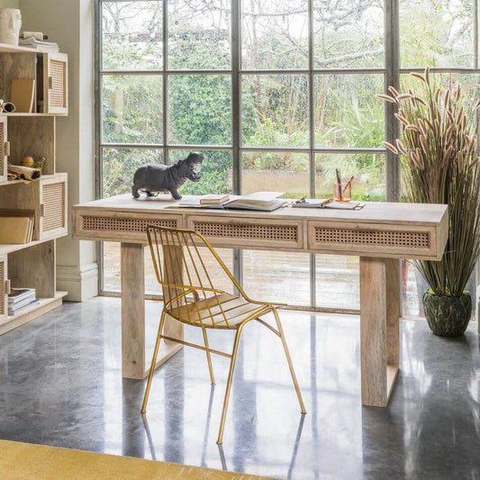 Solid Wood and Natural Cane Three Drawer Atlanta Desk. 