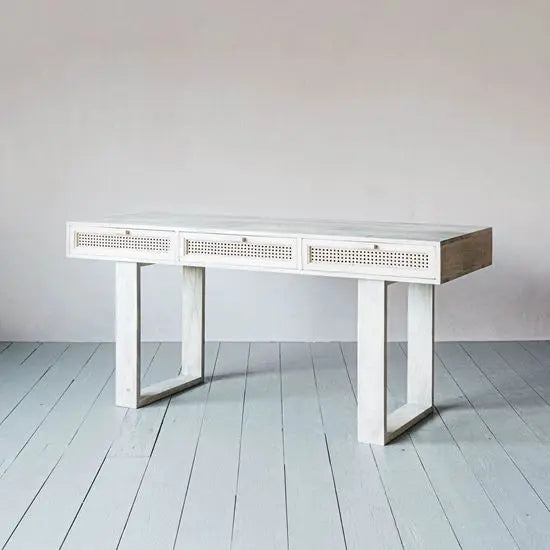 Three Drawer Atlanta Desk Made in Solid Mango Wood and Natural Cane. 