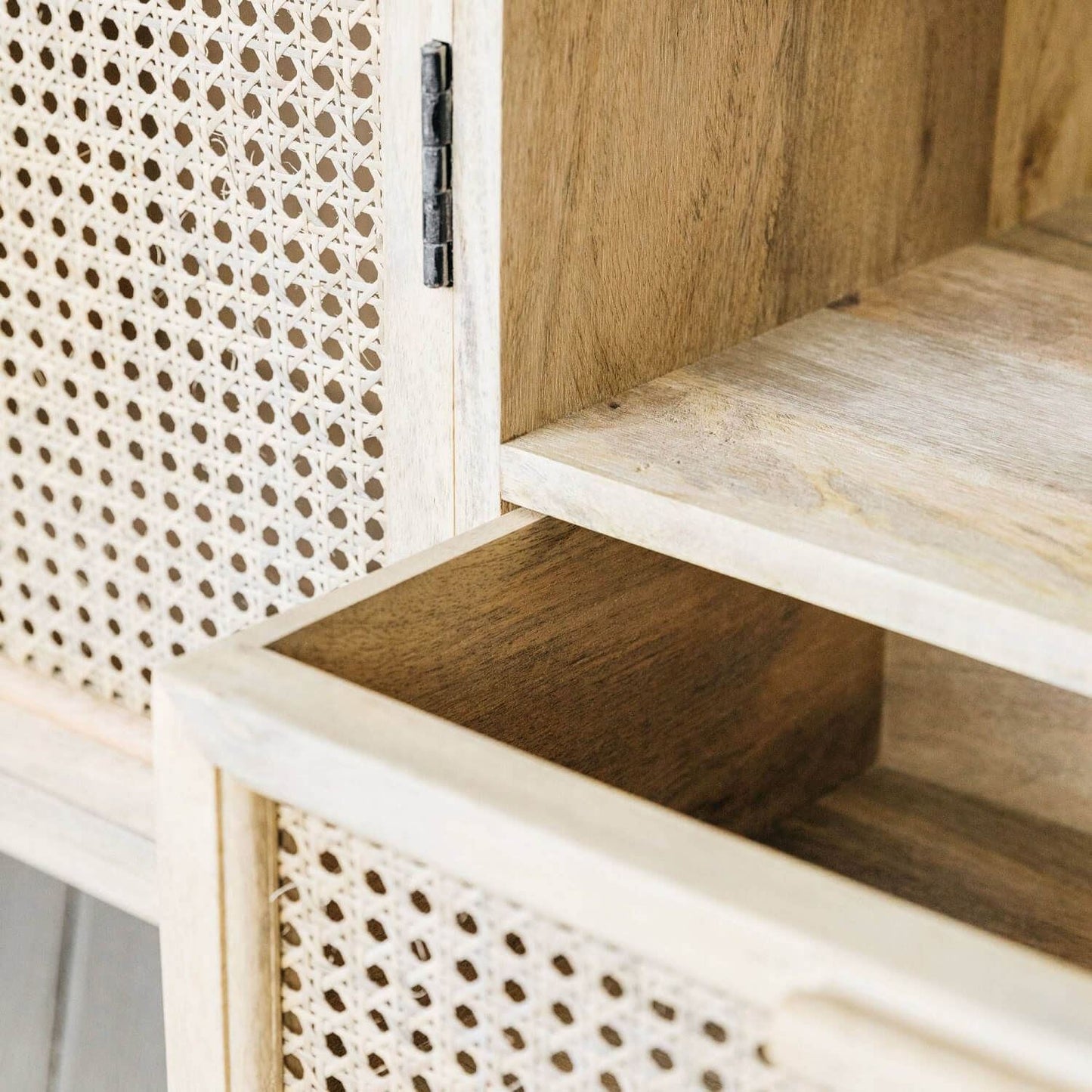Two door One drawer and One shelf Tv cabinet made in Solid Wood and Natural rattan.  
