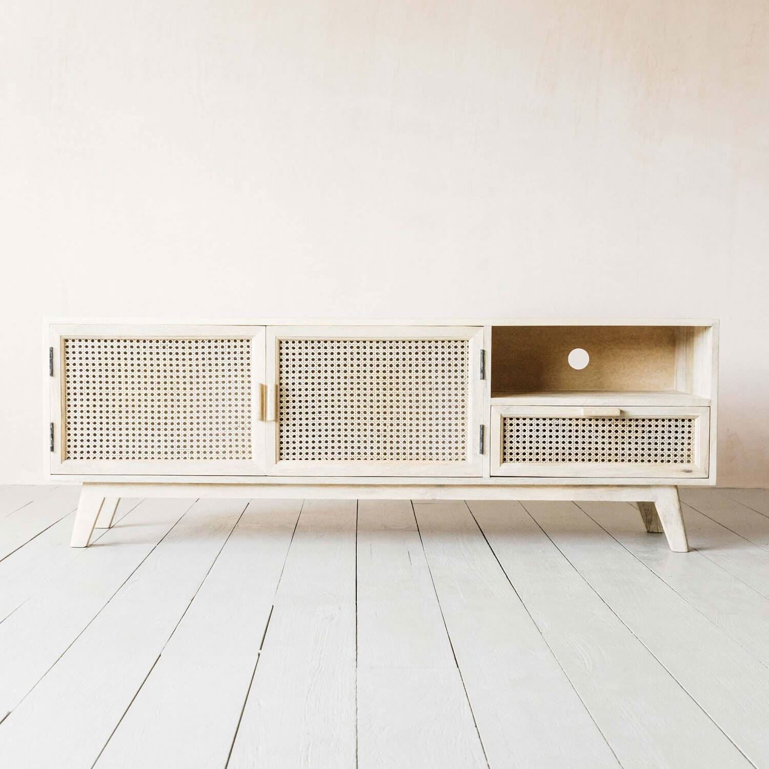 Solid Mango Wood and Natural rattan Two door One drawer and One shelf Tv cabinet. 