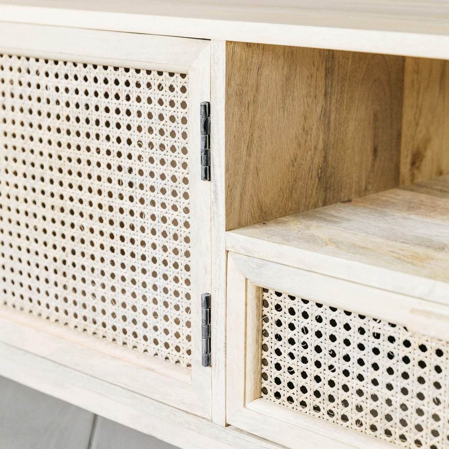 Two door One drawer and One shelf Tv cabinet made in Solid Mango Wood and Natural rattan.  