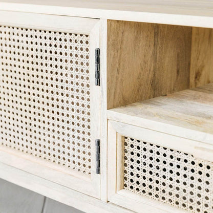 Two door One drawer and One shelf Tv cabinet made in Solid Mango Wood and Natural rattan.  