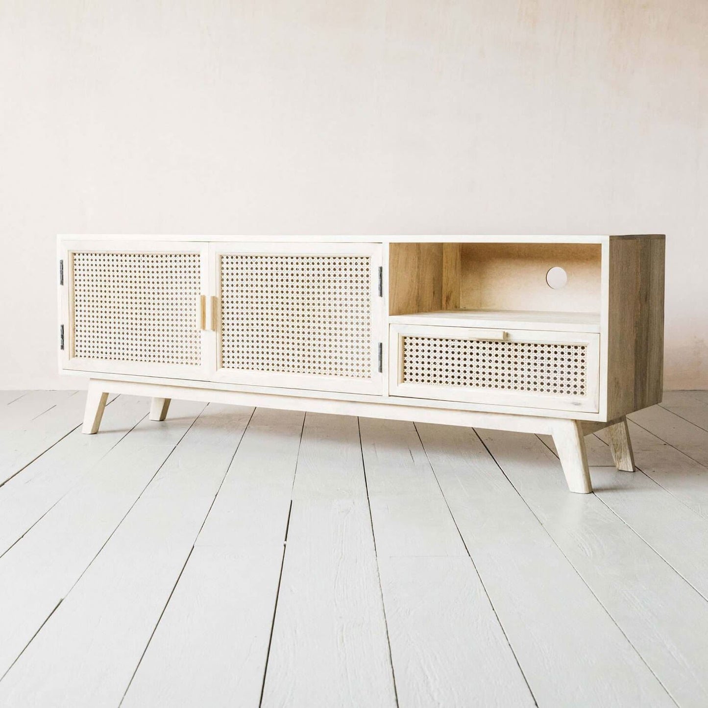 Mango Wood and Natural rattan Two door One drawer and One shelf Tv cabinet. 