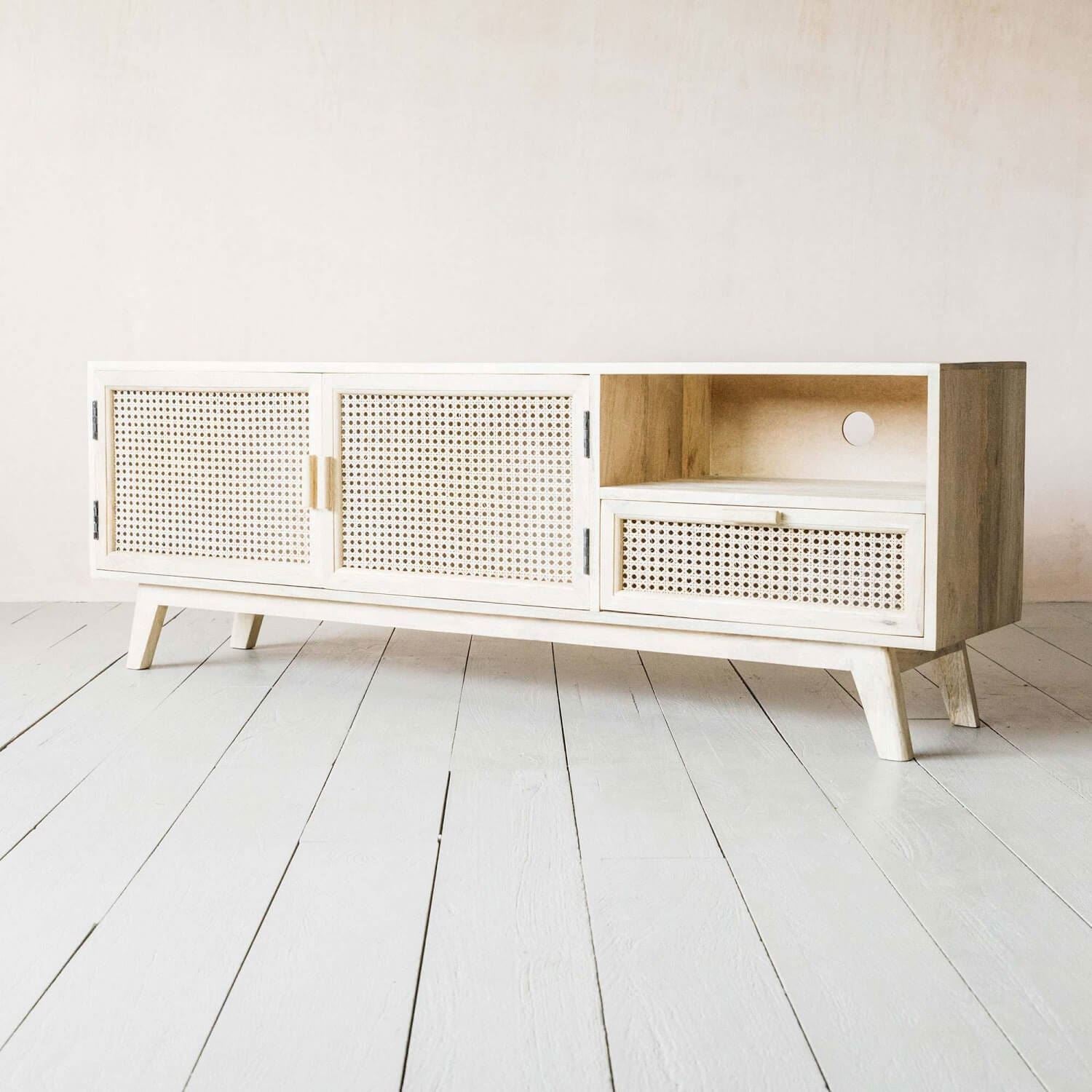 Mango Wood and Natural rattan Two door One drawer and One shelf Tv cabinet. 