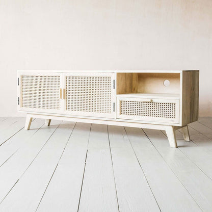 Mango Wood and Natural rattan Two door One drawer and One shelf Tv cabinet. 