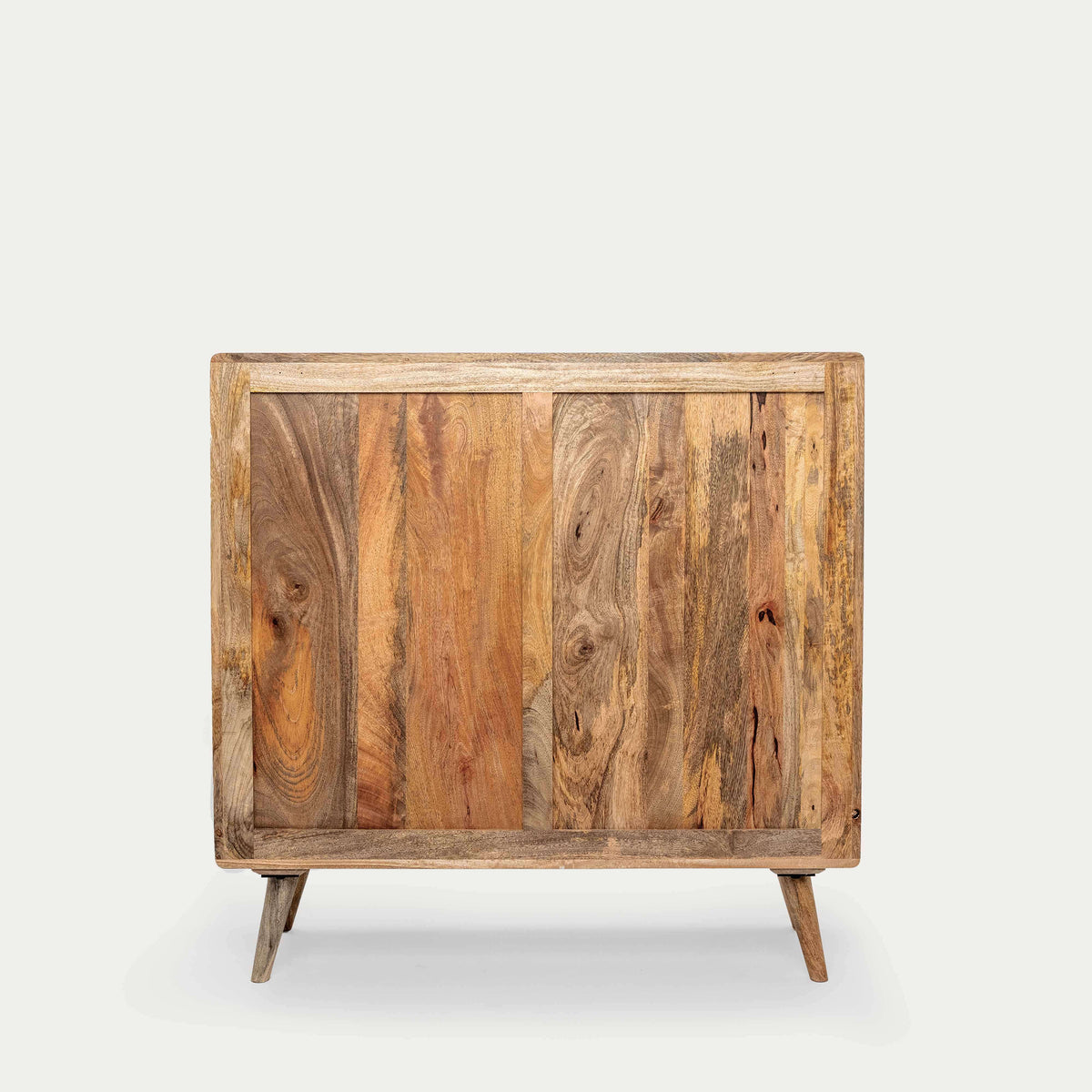 A rustic wooden bookcase with three tier shelf crafted from natural reclaimed wood planks with visible grain and knots.