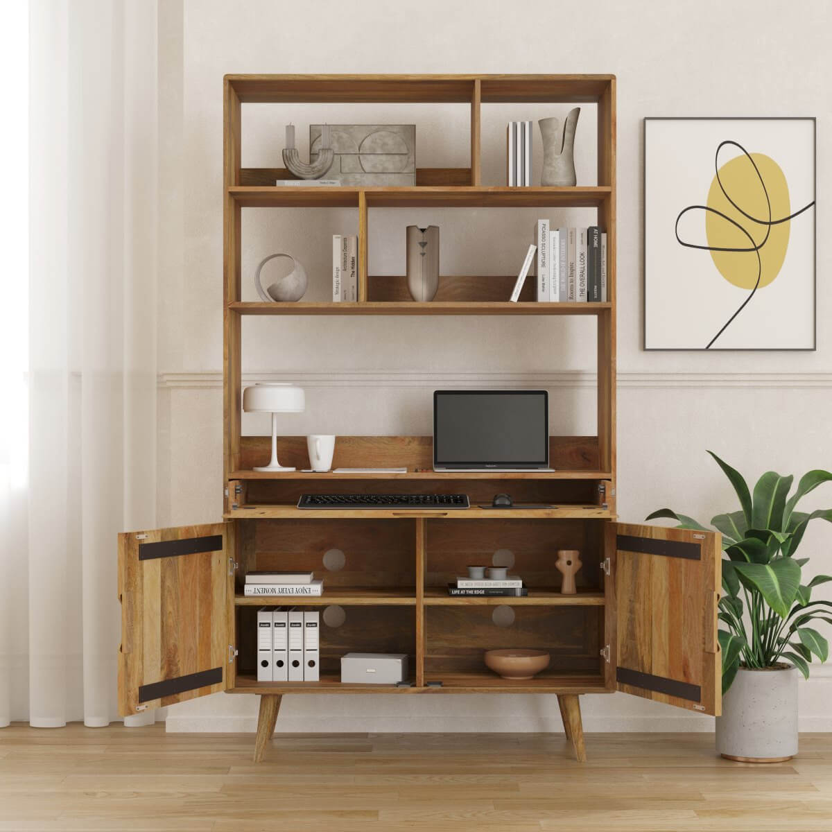 A mid-century modern wooden bookcase and media console with open shelves, a top shelf, and two cabinet doors with black metal handles.