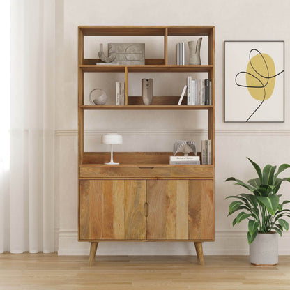 A mid-century modern wooden hutch cabinet with open shelves on top and two cabinet doors below.