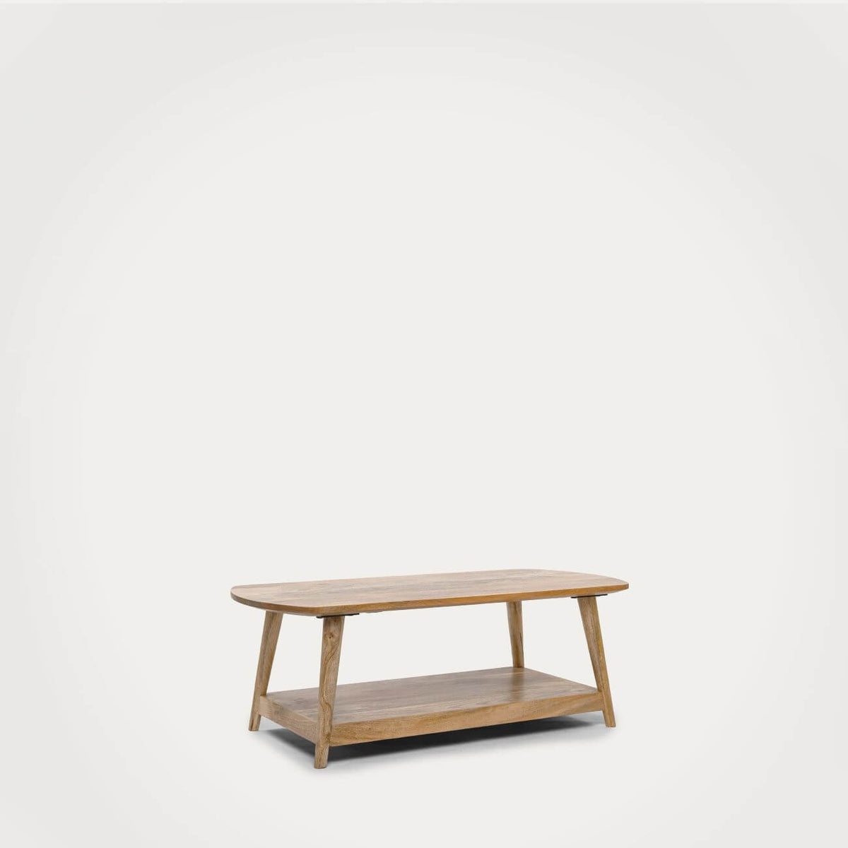 A modern wooden coffee table with a natural oak finish, featuring a rounded rectangular top, angled legs, and a lower shelf.