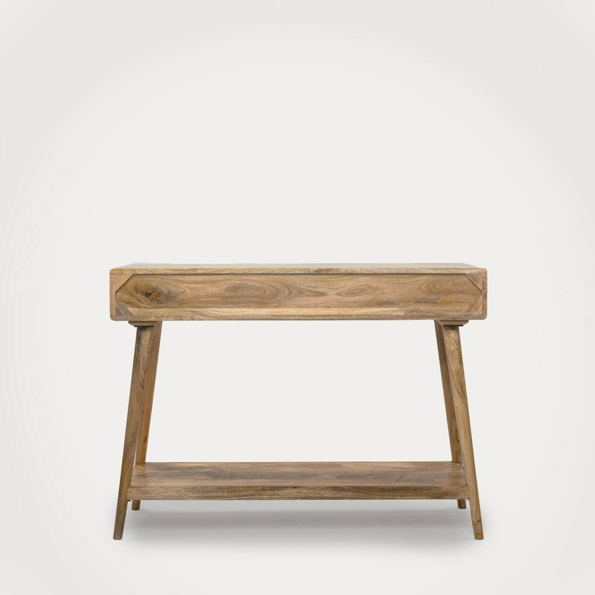 A rustic wooden console table with a natural grain finish, featuring a single top shelf and angled legs.