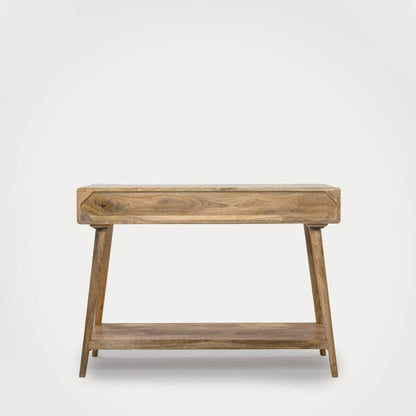 A rustic wooden console table with a natural grain finish, featuring a single top shelf and angled legs.