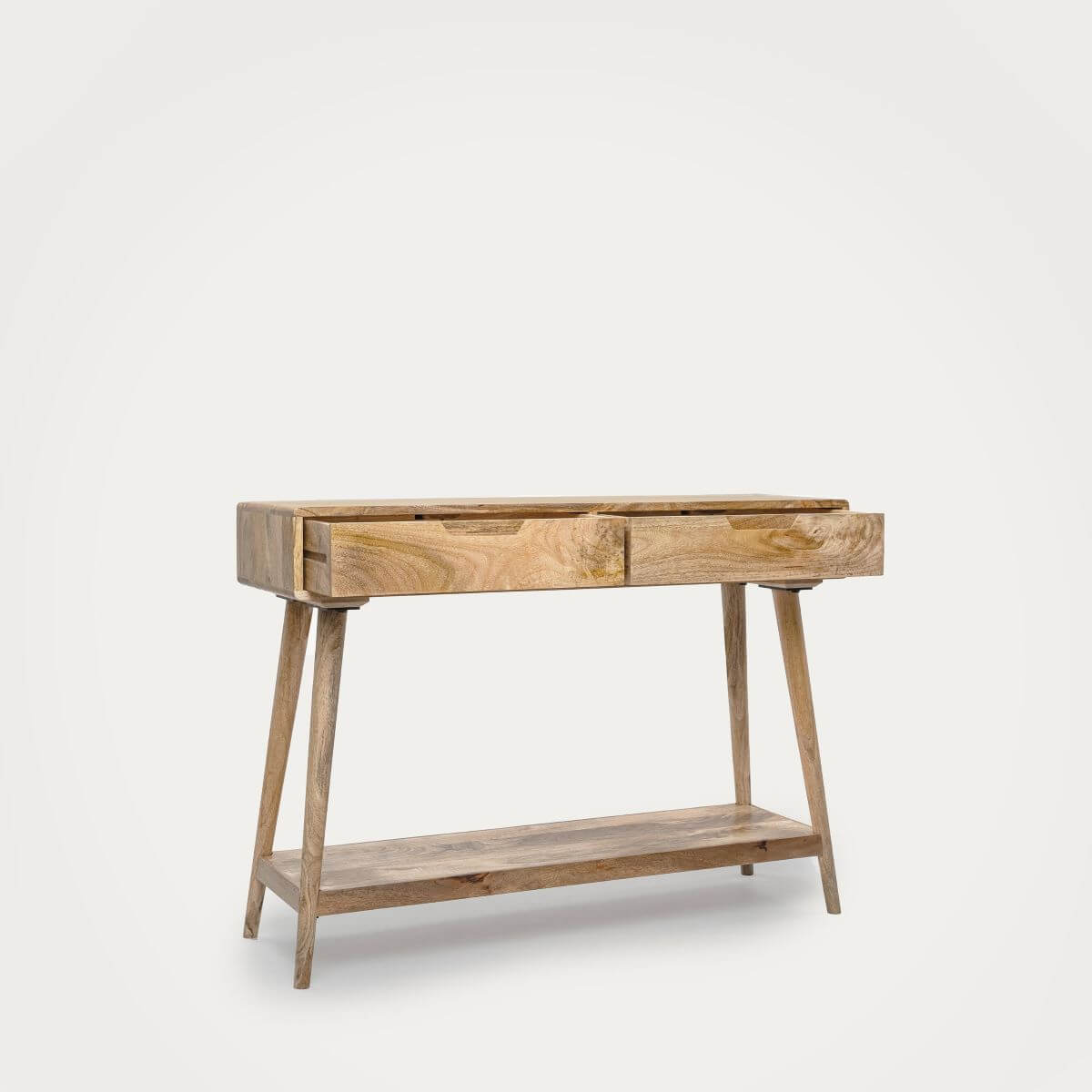 A light natural solid mango wood console table with two drawers on top and an open shelf below.