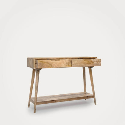 A light natural solid mango wood console table with two drawers on top and an open shelf below.
