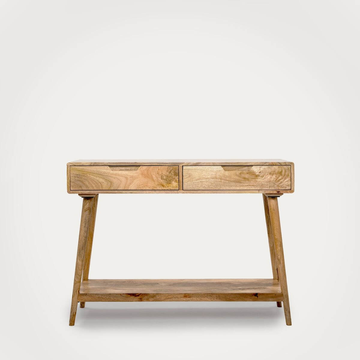 A light brown solid wood console table with two drawers on top and an open shelf below.