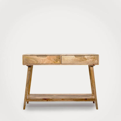 A light brown solid wood console table with two drawers on top and an open shelf below.