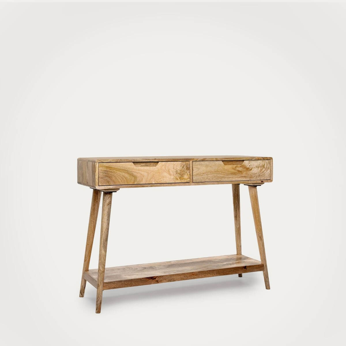 A light natural wood console table with two drawers on top and an open shelf below.