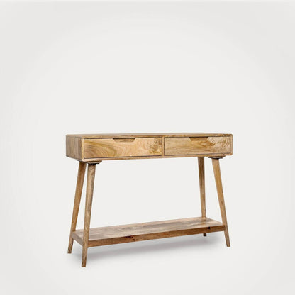 A light natural wood console table with two drawers on top and an open shelf below.