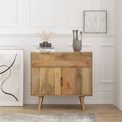 A mid-century modern wooden sideboard cabinet with a single drawer and two doors.