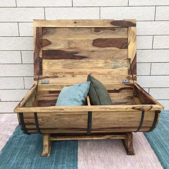 Solid wood barrel shaped coffee table  One top side Upper Door storage with metal strips on the sides.