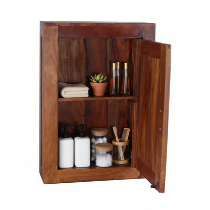 Wooden cabinet with open door with shelf.