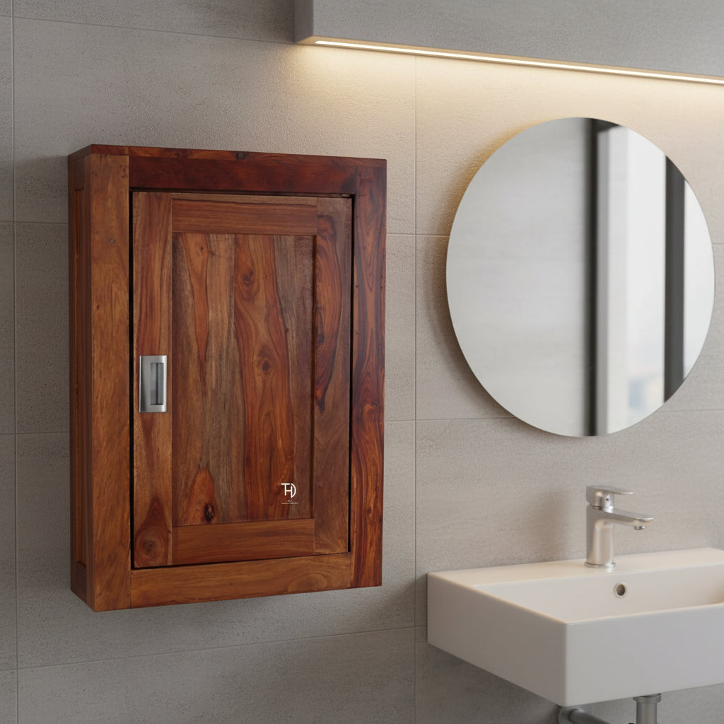 Wooden cabinet with a metallic handle.