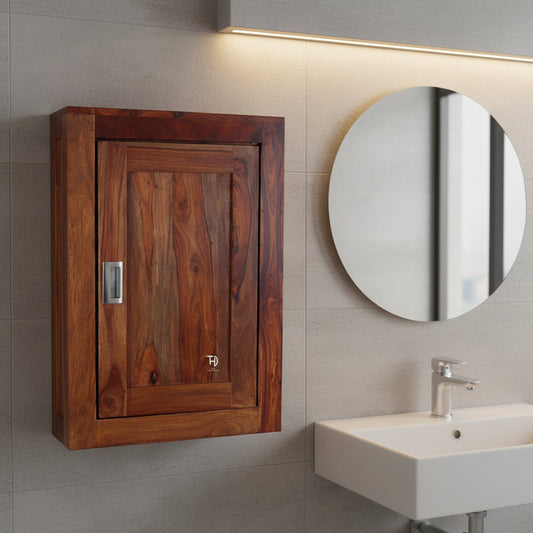 Wooden cabinet with a metallic handle.