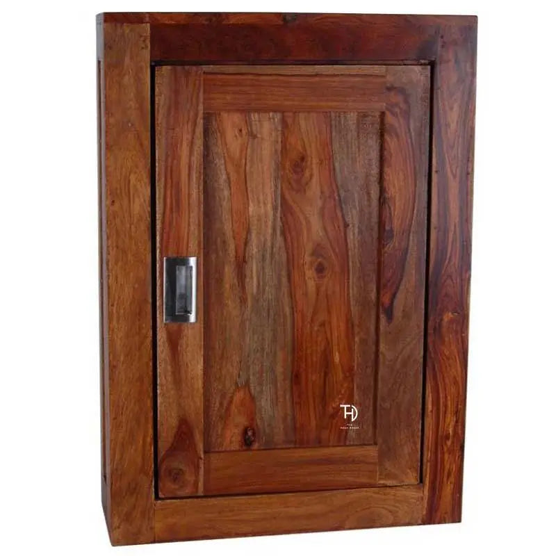 Wooden cabinet with a metallic handle.