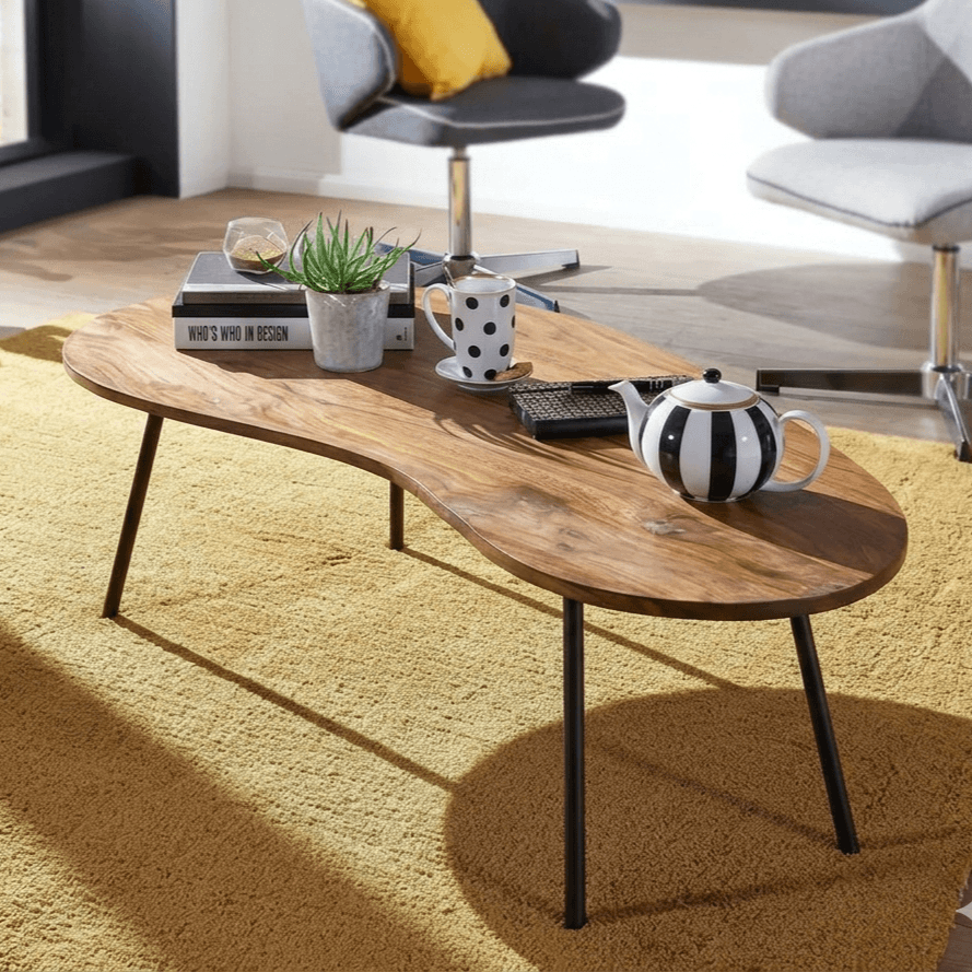 Solid Sheesham Wood and Metal Legs Bean Coffee Table. 
