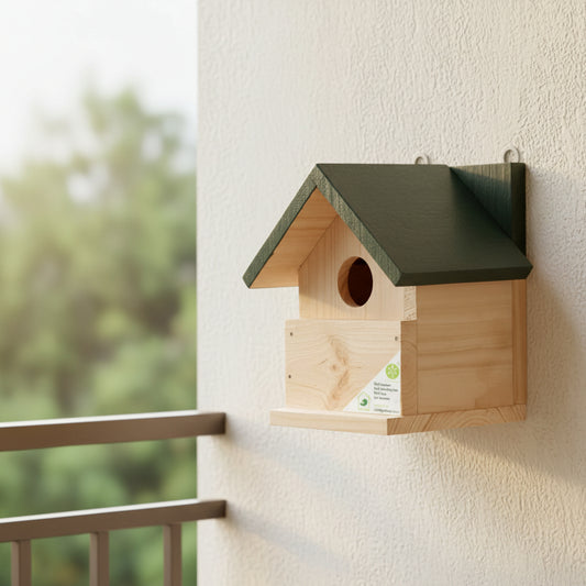 Wooden birdhouse with green roof.